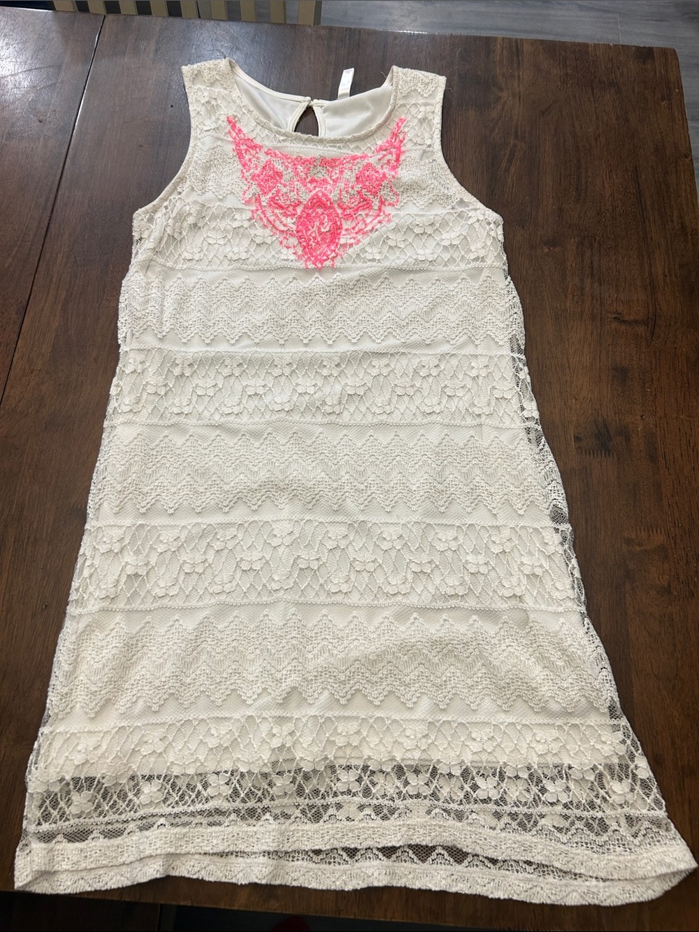 Juniors Lace Dress with Neon Pink Embroidery